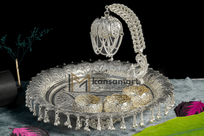 German Silver Jhoomer Thaali Set - Radha Krishna & Swastik Design