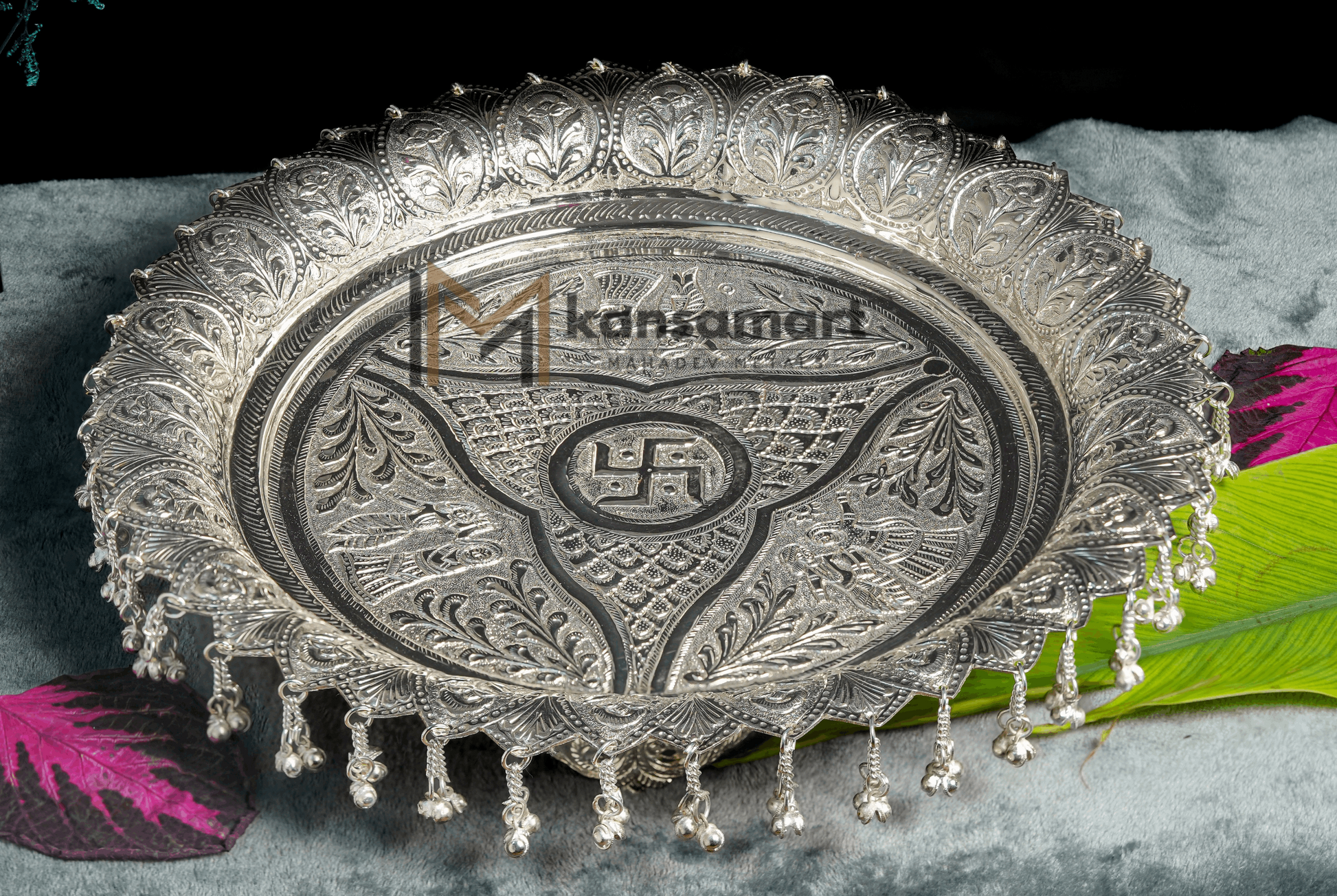 German Silver Jhoomer Thaali Set - Radha Krishna & Swastik Design