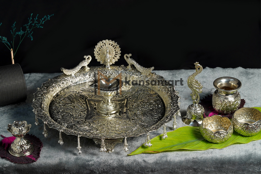 German Silver Pooja Thaali Set - Peacock Design