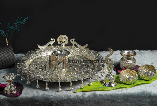 German Silver Pooja Thaali Set - Swastik, Shree & OM Design