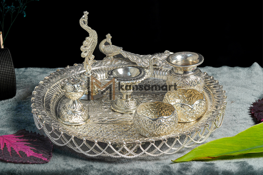 German Silver Pooja Thaali Set - Peacock & Radha Krishna Design