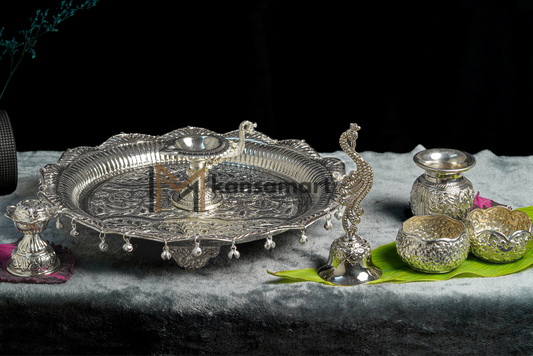 German Silver Pooja Thaali Set - Dancing Radha Krishna Design