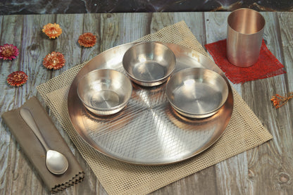 Kansa Dinner Plate Set - 6 Pieces set (1 Plate, 2 Bowls, 1 Sabji Plate, 1 Glass and 1 Spoon)