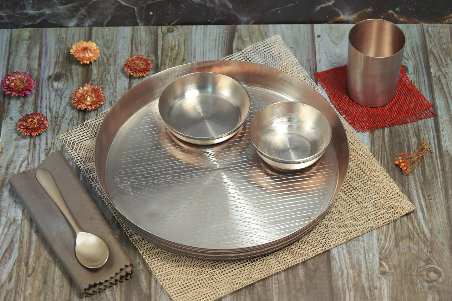 Kansa Dinner Thaali Set - 5 Pieces Set (1 Plate, 1 Bowl, 1 Sabji Plate, 1 Glass and 1 Spoon)