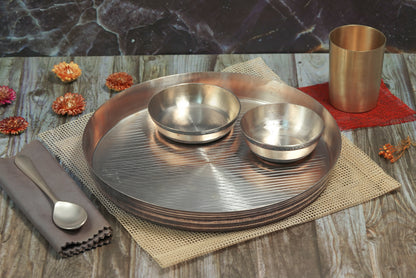 Kansa Dinner Thaali Set - 5 Pieces Set (1 Plate, 1 Bowl, 1 Sabji Plate, 1 Glass and 1 Spoon)