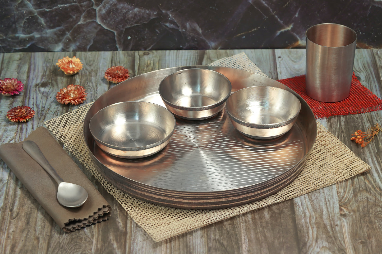 Kansa Dinner Thaali Set - 6 Pieces Set (1 Plate, 2 Bowls, 1 Sabji Plate, 1 Glass and 1 Spoon)