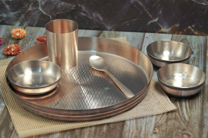 Kansa Dinner Thaali Set - 6 Pieces Set (1 Plate, 2 Bowls, 1 Sabji Plate, 1 Glass and 1 Spoon)