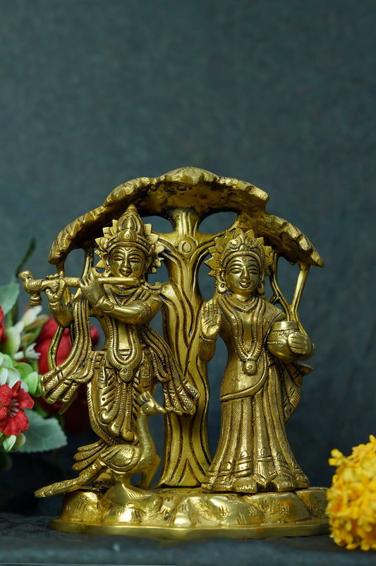 Brass Radha & Krishna Idol Kadamba Tree With Peacock